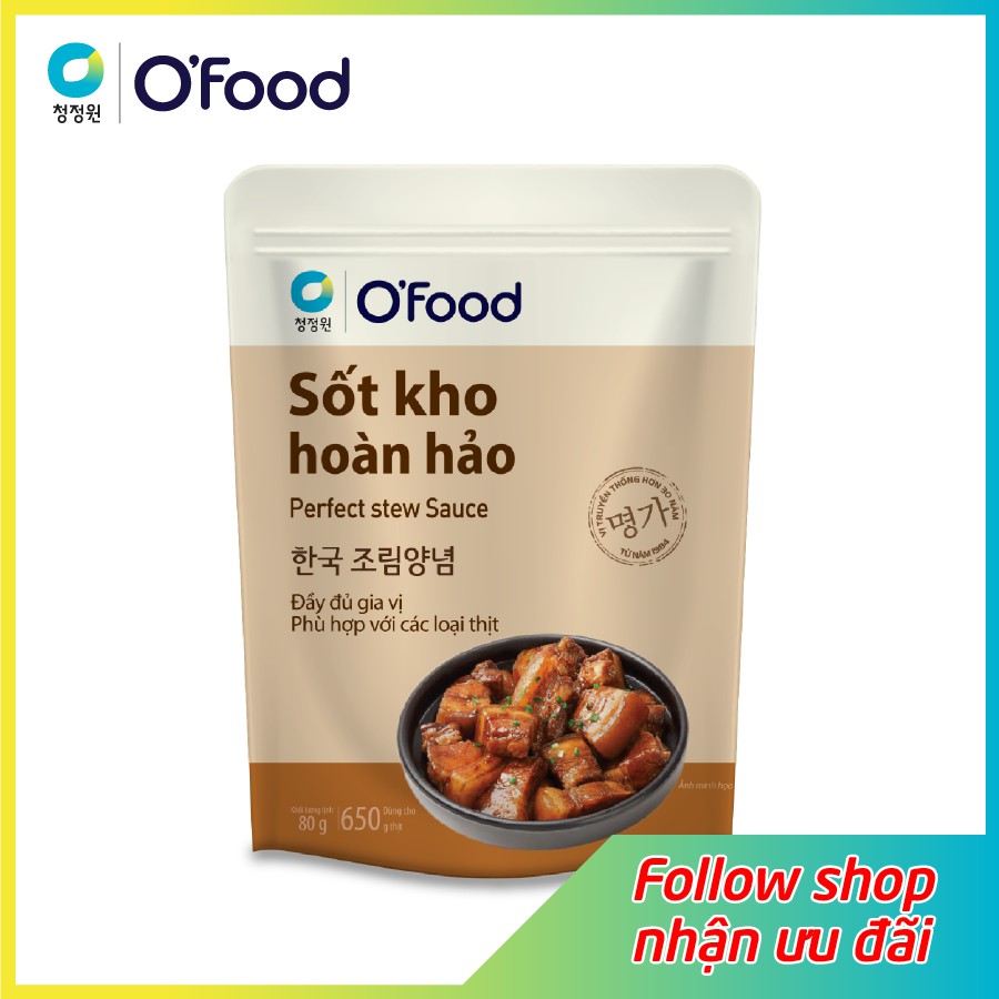 Sốt kho hoàn hảo O'Food gói 80g, chỉ cần ướp và kho, lên màu bóng đẹp, chuẩn vị dùng cho 650g thịt heo, bò, gà, cá