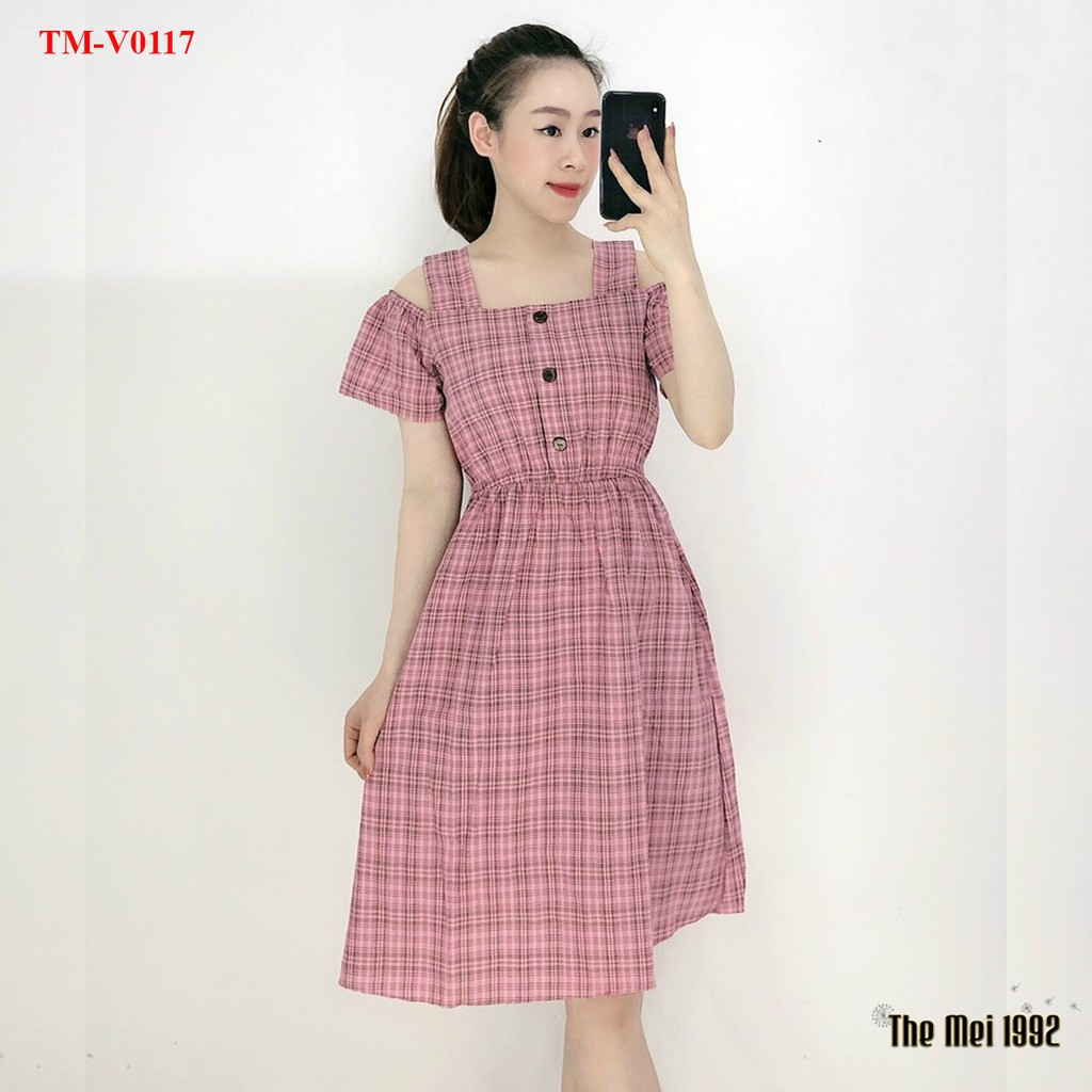 Đầm babydoll nữ The Mei 1992 - Đầm công sở chất cotton mát kẻ caro đính cúc xẻ vai siêu xinh | BigBuy360 - bigbuy360.vn
