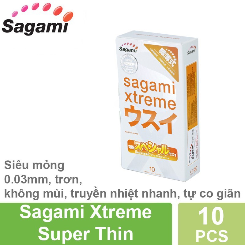 Bao Cao Su Sagami Xtreme Super Thin - Siêu mỏng, bao trơn đều, không mùi, tăng cảm xúc (Hộp 10 Cái)