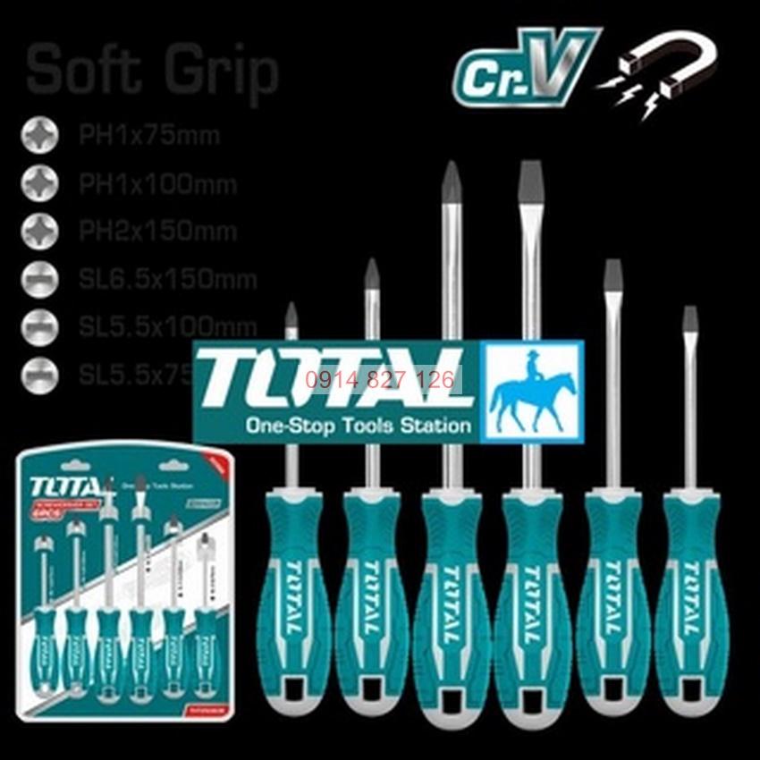 Bộ 6 tua vít TOTAL THT250606 tay cầm thiết kế nhỏ dọn, đuôi tròn chất liệu thép CR-V, Bh 6 tháng Kouritsu Official Store