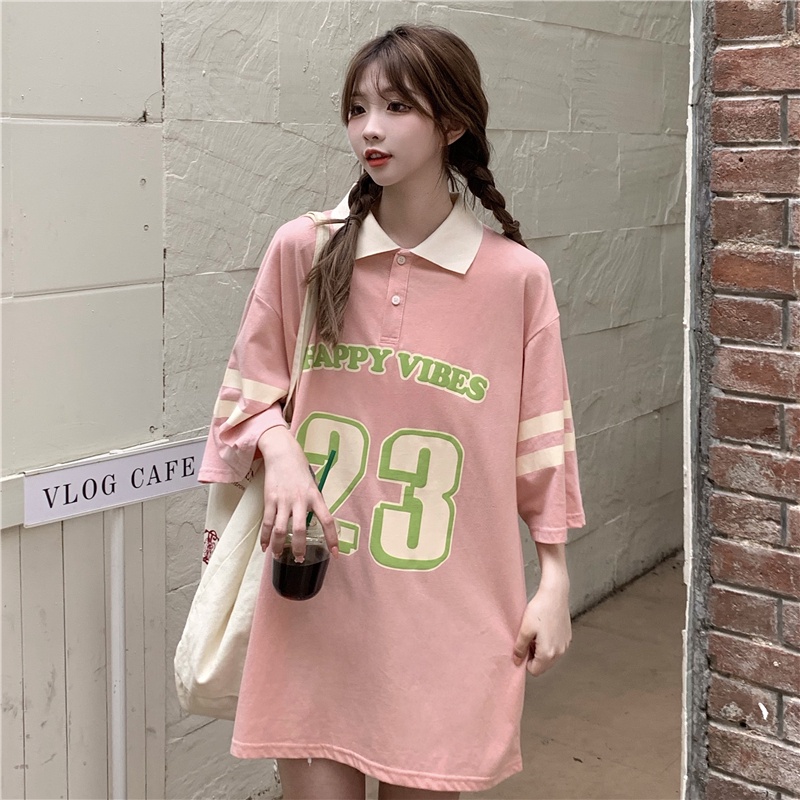 Áo polo Tay Ngắn Dáng Rộng Họa Tiết Kẻ Sọc In Chữ Phong Cách Hàn Quốc Thời Trang Cho Nữ