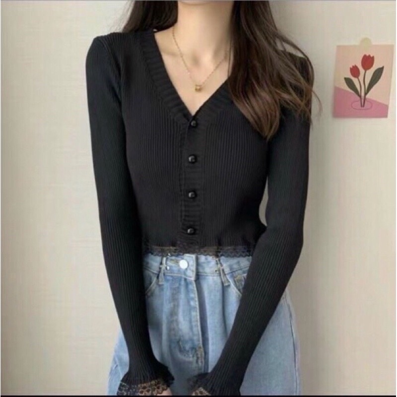 Áo len tăm dài tay croptop viền ren nhiều màu