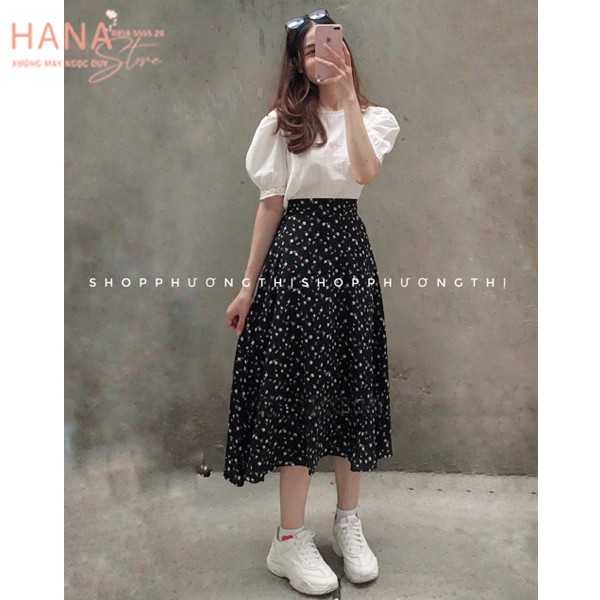 Chân váy hoa nhí dáng dài bigsize qua gối xếp ly xòe chữ a - Cạp chun lưng thun - Nhiều màu Vải voan mát - Chân váy dài | BigBuy360 - bigbuy360.vn