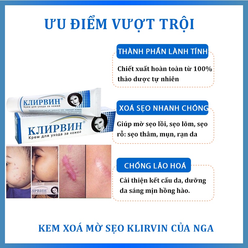 Kem Mờ Sẹo Klirvin Nga - Xoá Mờ Thâm, Sẹo Lồi, Sẹo Lõm Rạn Da - 25g
