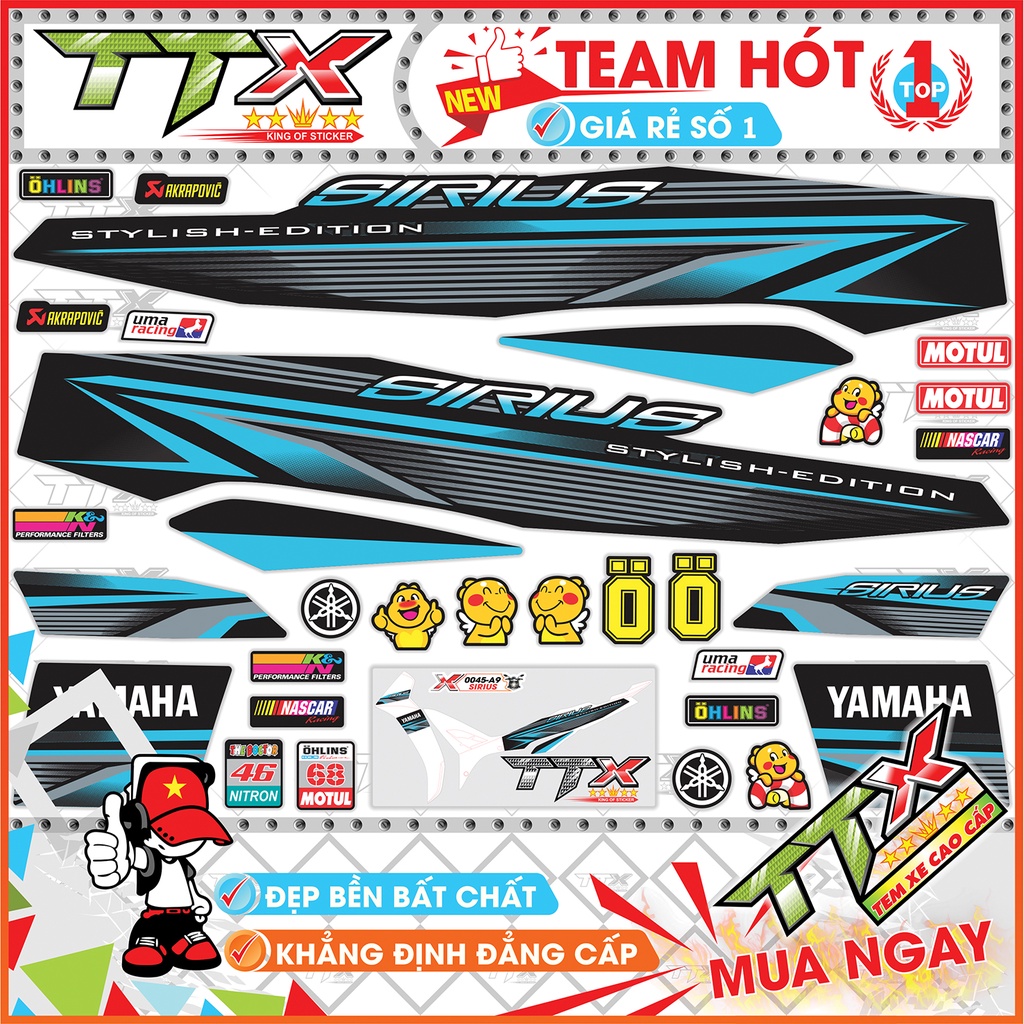 Tem rời sirius chỉ xanh , Team chế sirius dán xe màu đen xanh siêu đẹp , Shop TTX Tem xe sirius mã