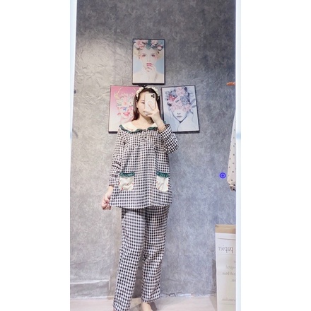 Bộ Bầu kẻ cổ thêu ,có túi tiện lợi ,tay bèo ,cổ sen siêu xinhcó khoá cho con ti tiện lợi freesize 43-68kg