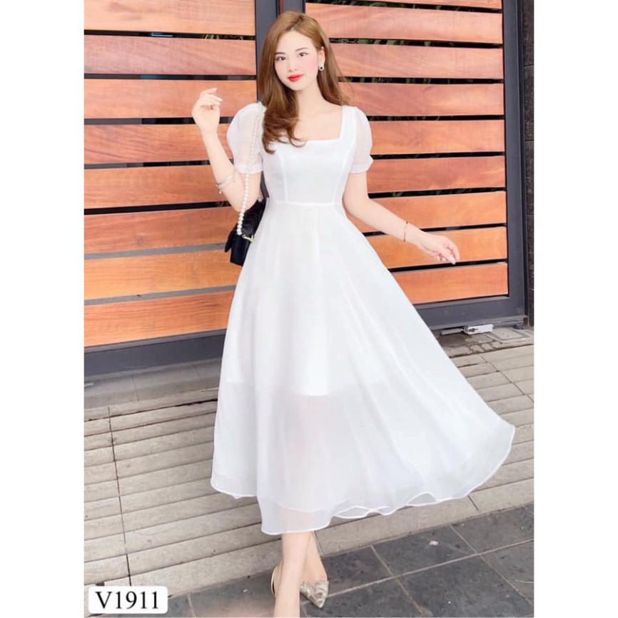 Váy trắng dáng xòe cổ vuông eo thắt nơ sau V1911 - Đầm nữ, đầm đẹp dự tiệc Tadi Fashion DVC