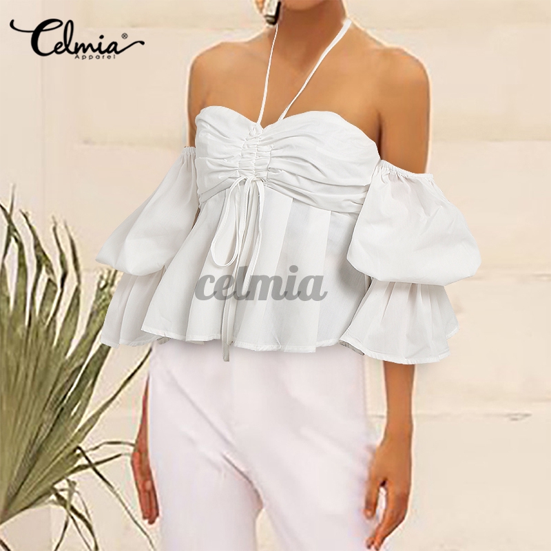 Áo Kiểu CELMIA Tay Ngắn Ống Phồng Trễ Vai Màu Trơn Gợi Cảm Cho Nữ | BigBuy360 - bigbuy360.vn