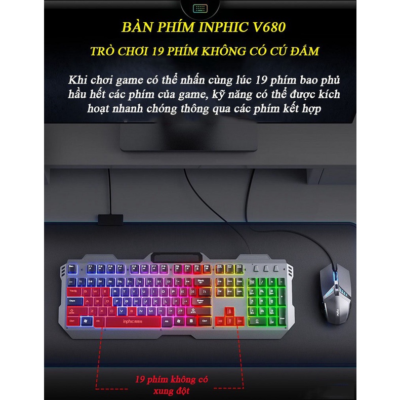 Bàn Phím Cơ Kim Loại INPHIC V680 Có Dây Phím Có Đèn Nền Siêu Đẹp RGB Hỗ Trợ 4000DPI Chơi Game Chuyên Nghiệp - Chính Hãng