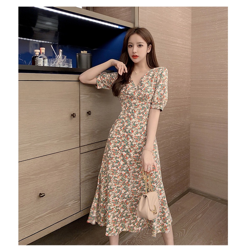 Đầm voan hoa dáng dài cổ chữ V thời trang Pháp hàng mới 2022