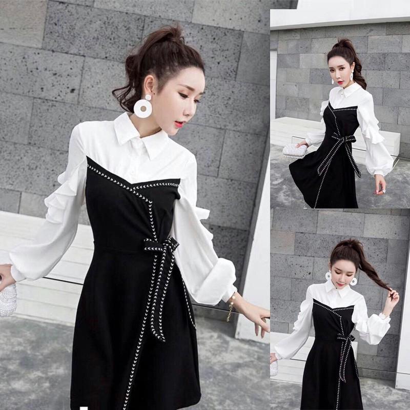 [Hàng Có Sẵn] Đầm Ôm Dáng Phối Ren Viền Bèo Màu Trắng Đen Phong Cách Hàn Quốc Chính Hãng Thời Trang Cho Nữ