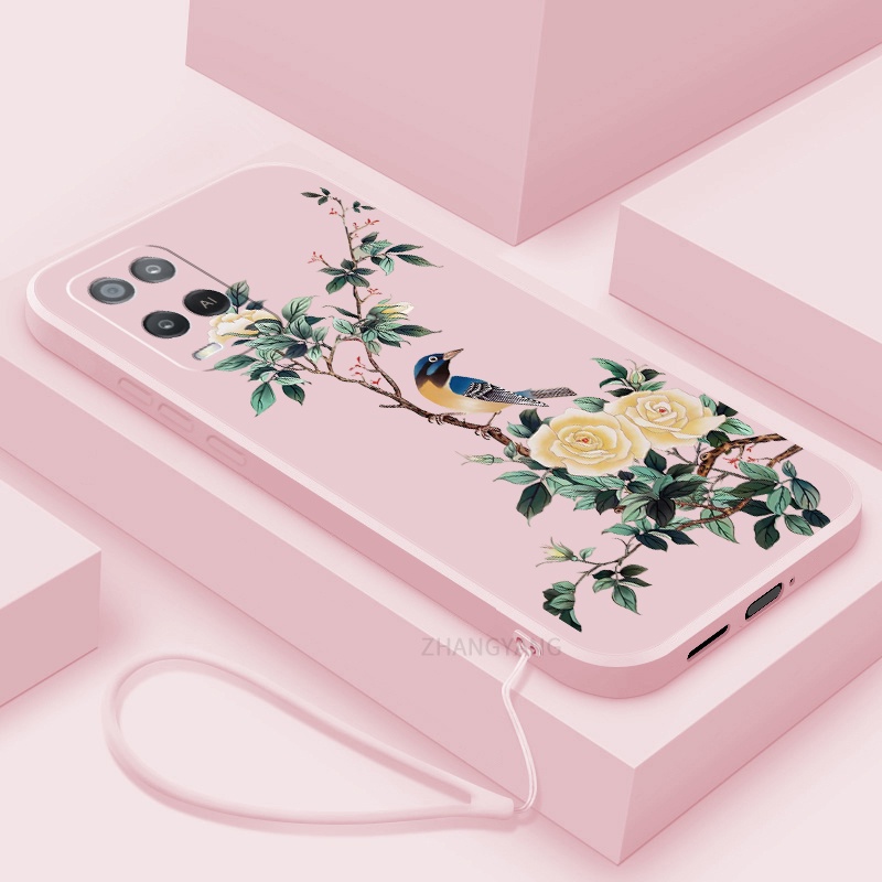 Ốp Điện Thoại TPU Mềm Họa Tiết Hoa Và Chim Có Dây Đeo Cho oppo a54