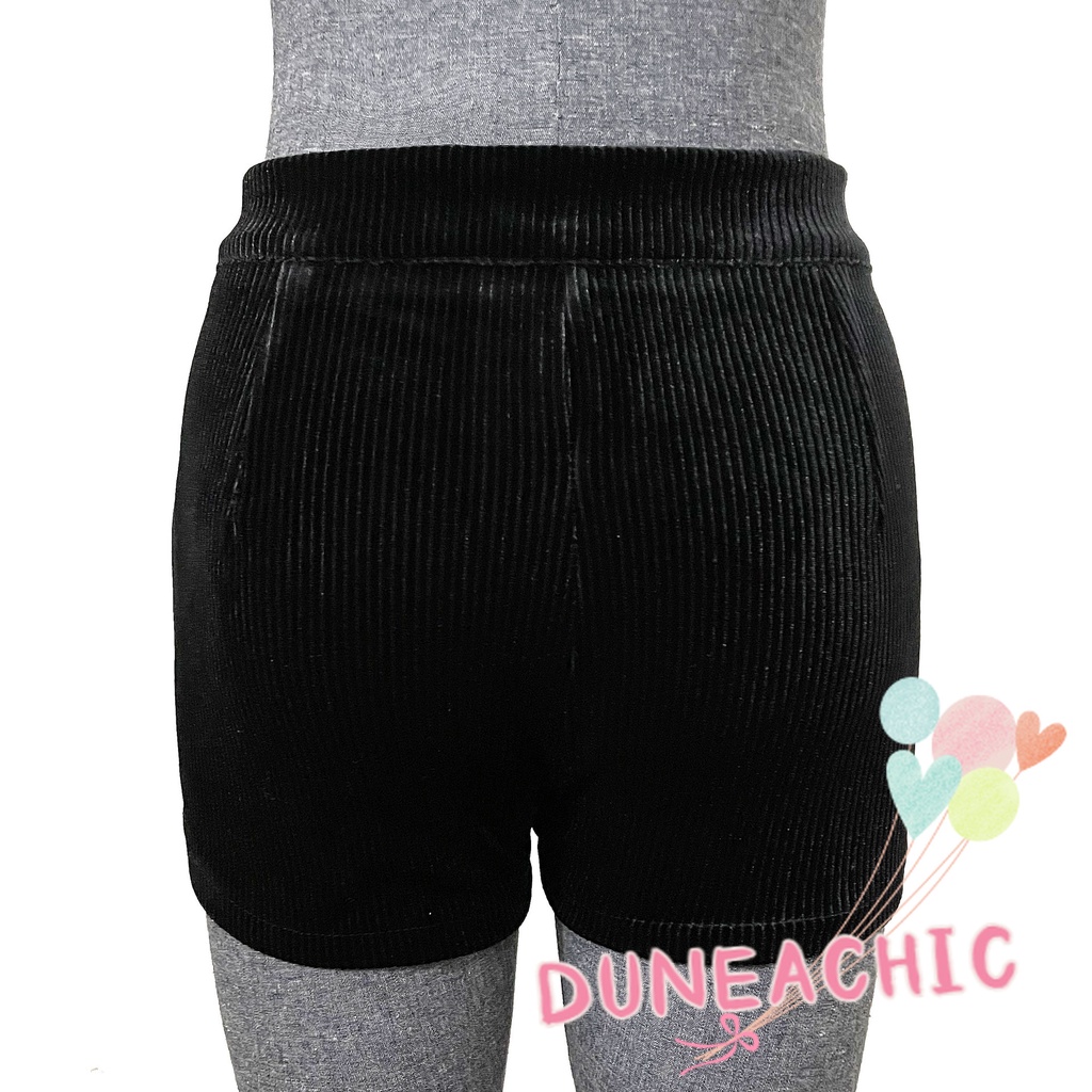 DUNEA Quần short vải nhung đen lưng cao co giãn thiết kế trẻ trung hợp thời trang dành cho nữ