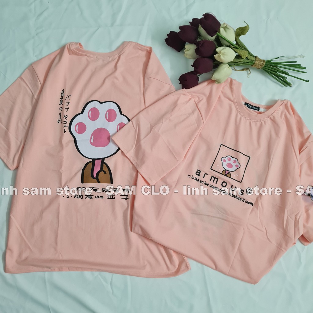 Áo thun tay lỡ nữ freesize phông form rộng dáng Unisex, mặc lớp, nhóm, cặp in chữ AR MOUS hình BÀN CHÂN MÈO màu hồng | BigBuy360 - bigbuy360.vn