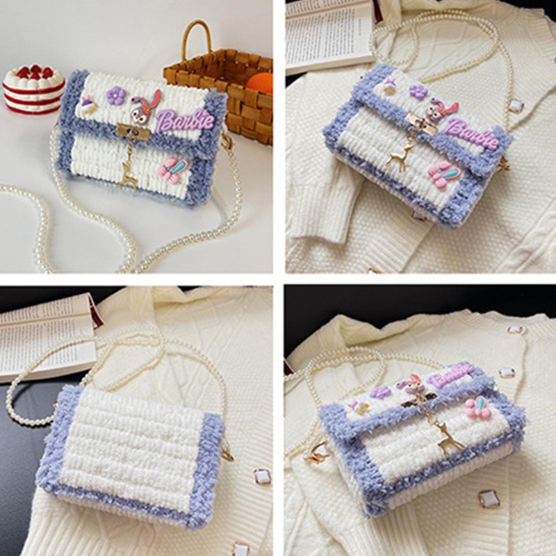 Túi Đeo Chéo Vai Bằng Vải Tweed Đính Ngọc Trai Thời Trang Dễ Thương Cho Nữ