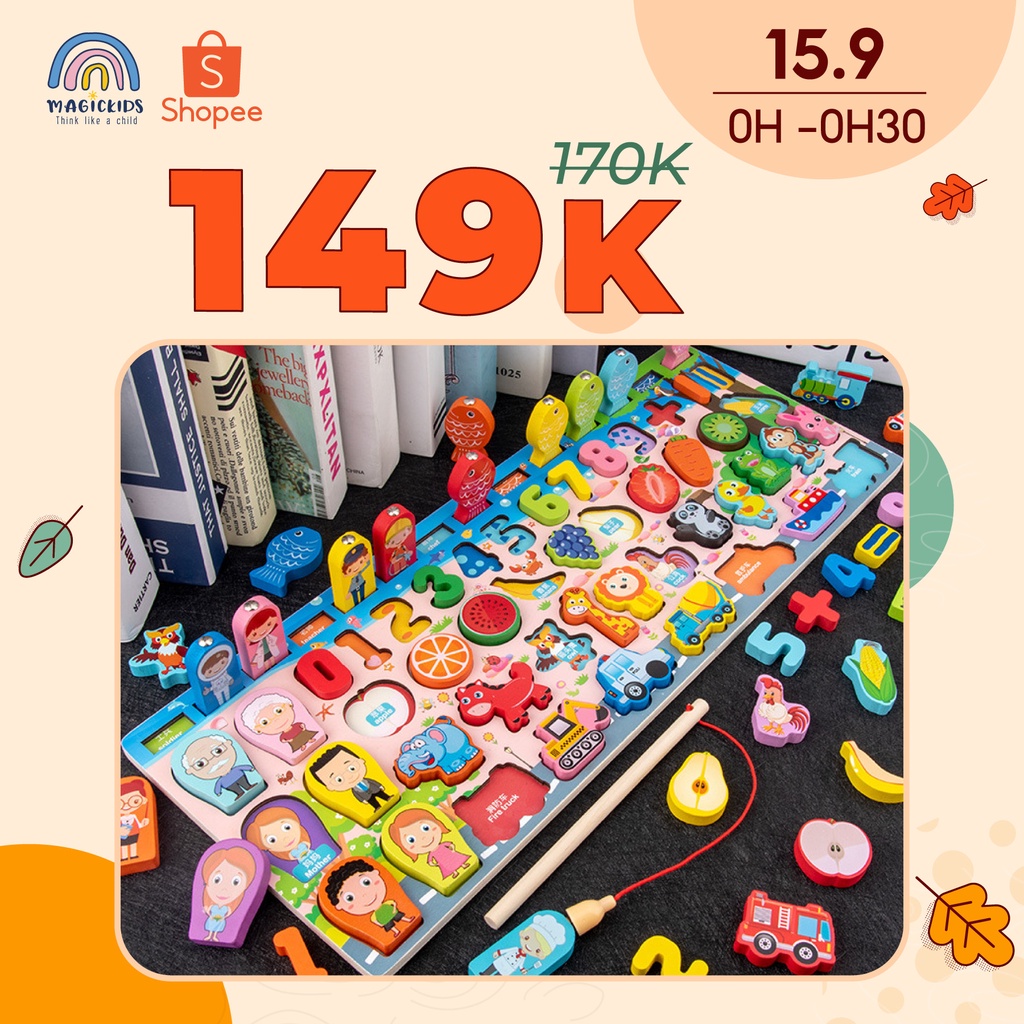 Bộ đồ chơi câu cá gỗ Magickids kèm chữ số hình học đồ chơi phát triển trí tuệ cho bé PK21005