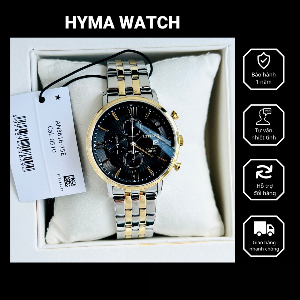 Đồng hồ nam dây thép Citizen AN3616-75E Máy pin Chronograph - Size 41mm - chống nước 5ATM Bảo hành 1 năm Hyma watch