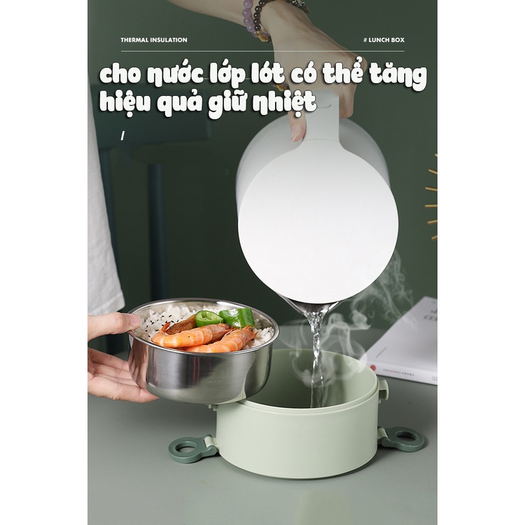 Cà Mên Giữ Nhiệt Hộp Đựng Thức Ăn 2 Tầng Gourmet 1600ml Có Tay Cầm Lõi Inox 304 Cao Cấp - Tăng Kèm Muỗng