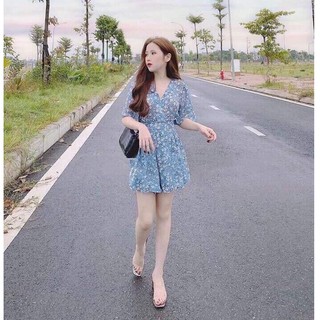 Jumpsuit nữ cổ V hoạ tiết hoa xịn xò + Ảnh thật