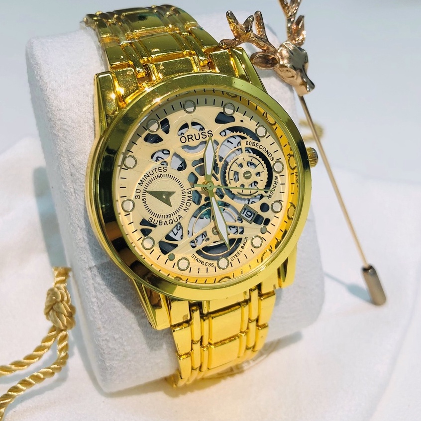 Đồng hồ nam automatic dây kim loại cao cấp màu vàng thời trang lịch chống nước