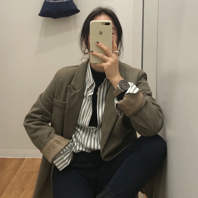 SUXI Áo Kiểu Tay Dài Dáng Rộng Hoạ Tiết Kẻ Sọc Phong Cách Retro