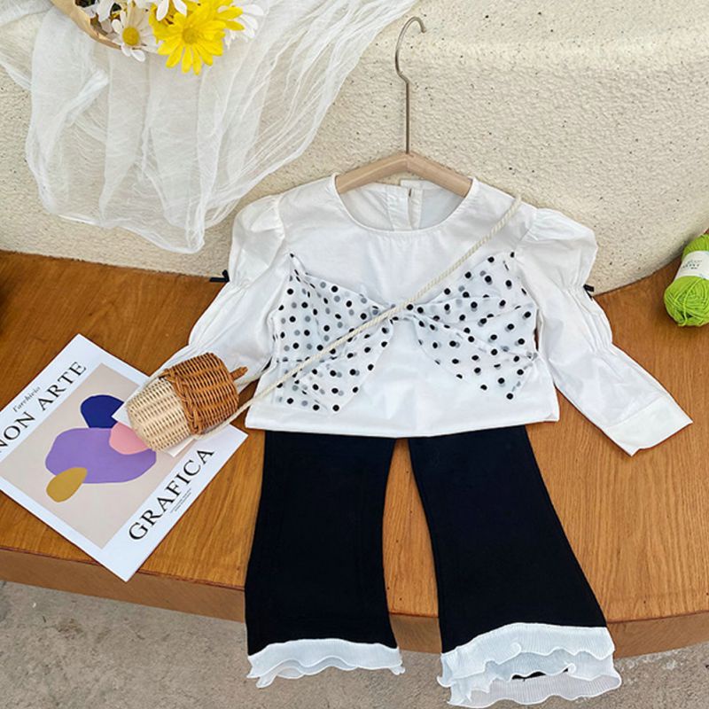 Bộ Áo Tay Phồng Dài Cổ Tròn Thắt Nơ Phối Quần Dài Ống Loe Thời Trang Xuân Thu Cho Bé Gái