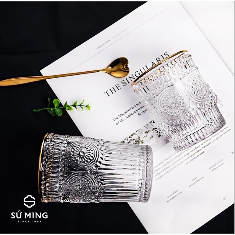 Bộ 6 cốc thuỷ tinh, ly thuỷ tinh chịu nhiệt viền vàng cao cấp khắc nổi hoa hướng dương