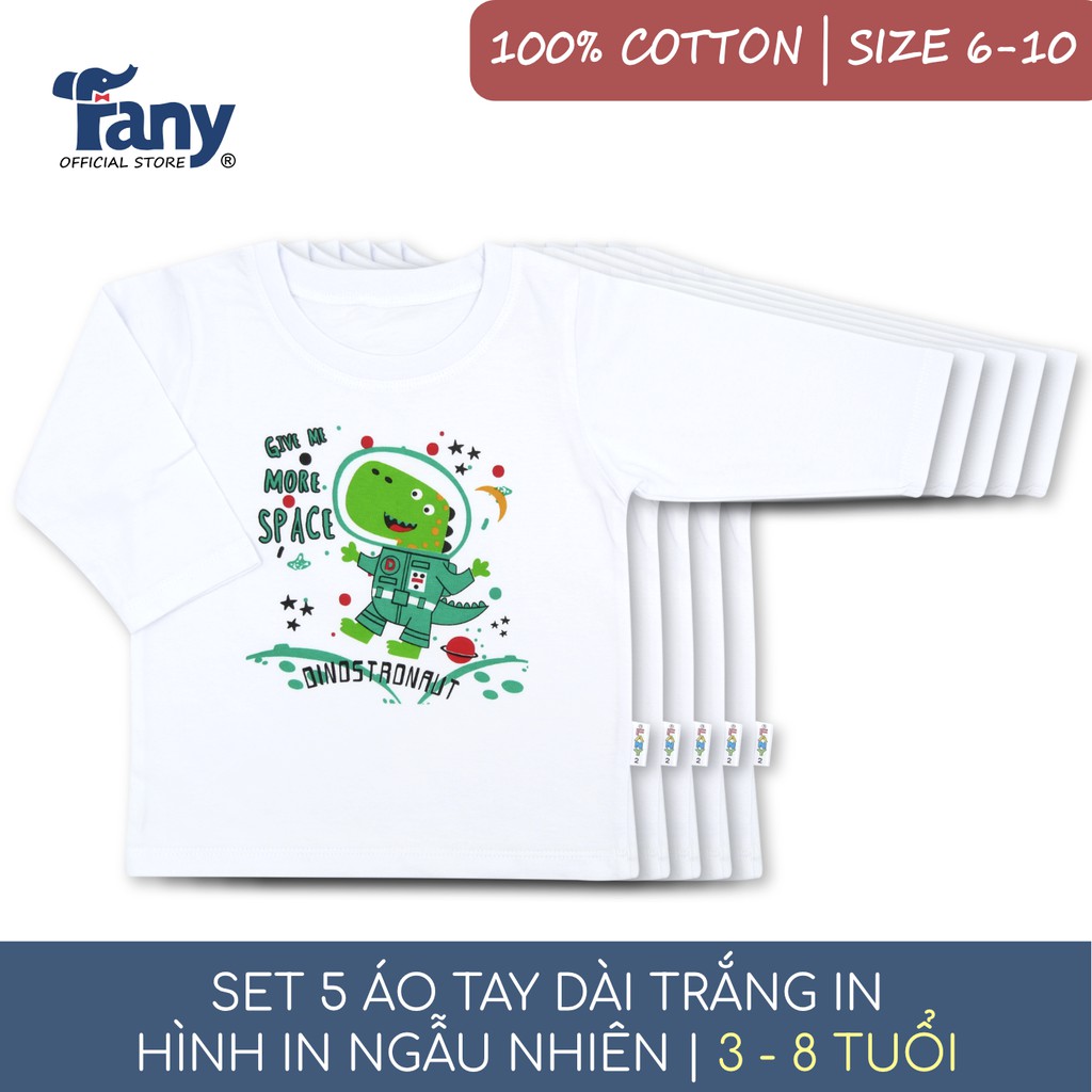 Set 5 áo tay dài trắng in Fany® hình in ngẫu nhiên size 6-10 cho trẻ 3-8 tuổi 100% cotton mềm mại thấm hút 5 áo/ bịch