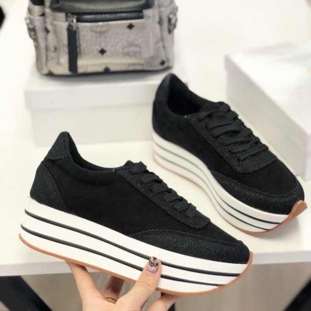 [ Hàng FULLBOX ] Giày thể thao sneaker nữ độn đế 5cm đế kẻ màu kem đen đỏ đô Cao cấp năng động đi làm đi chơi