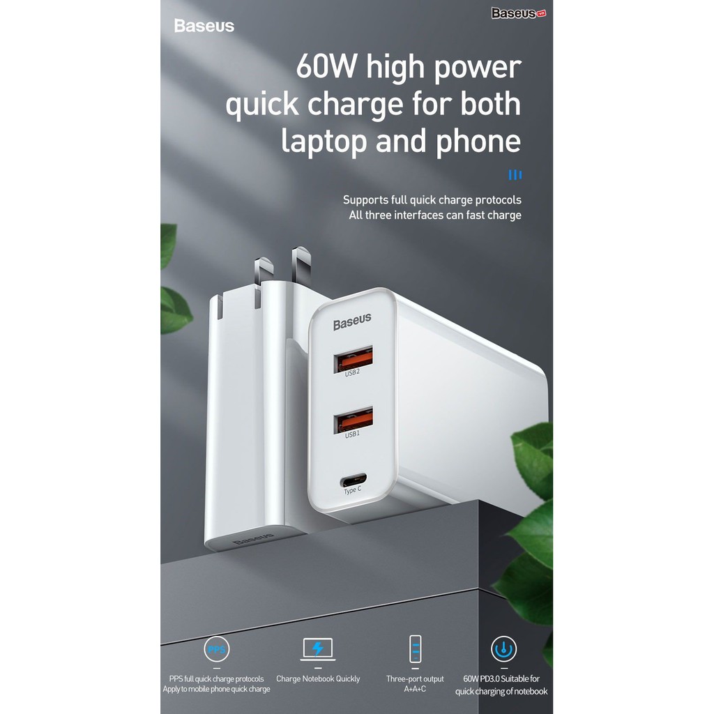 Cốc sạc 3 cổng Type-C + Dual USB Baseus BS-CH910 Speed PPS, QC/PD3.0/VOOC/HW5A, công suất 60W