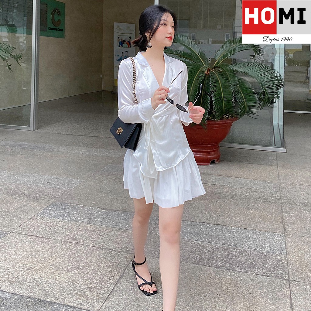 Áo sơ mi lụa cổ vest dây cột eo trắng Homi Fashion