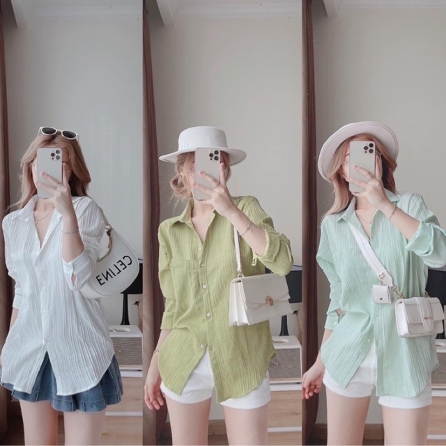 Áo sơ mi suông xốp gân dài tay siêu hot om