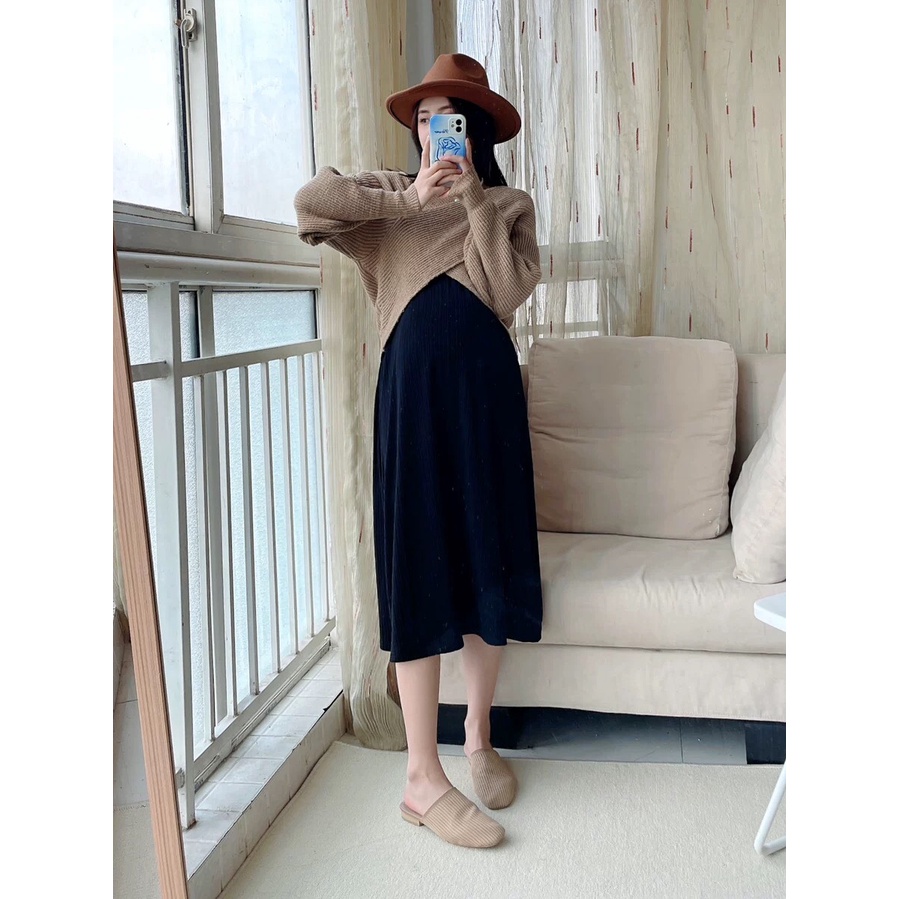Set váy đầm bầu len kèm áo khoác croptop cao cấp phong cách mới lạ, sang trọng cá tính cho mẹ bầu thu đông