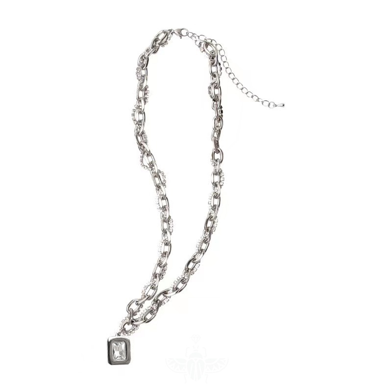 Vòng cổ Hai Lớp Bằng Thép Không Gỉ Mặt Vuông Đính Đá Thời Trang unisex