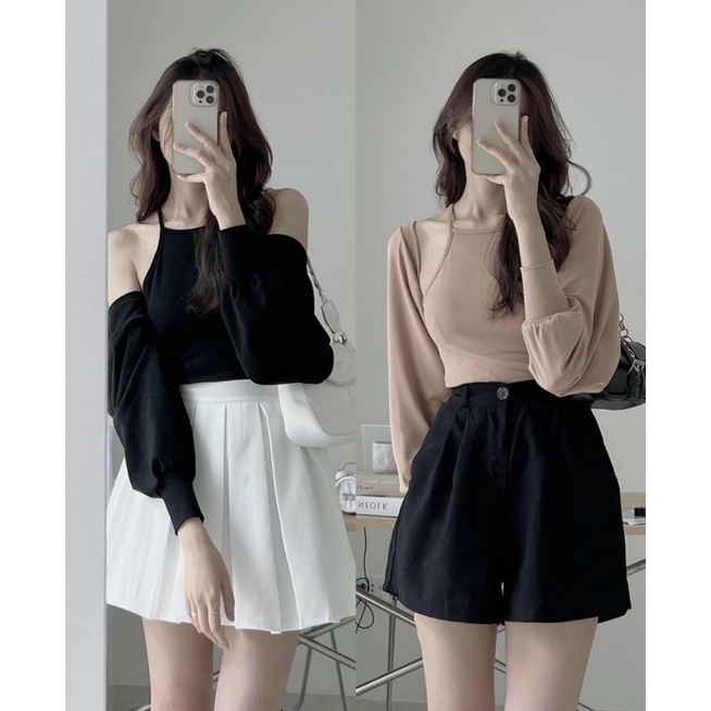 Set Áo khoác và áo yếm SIMO TOP gồm áo khoác croptop tay dài và áo yếm 2 dây xinh xắn với tone màu basic trắng và đen
