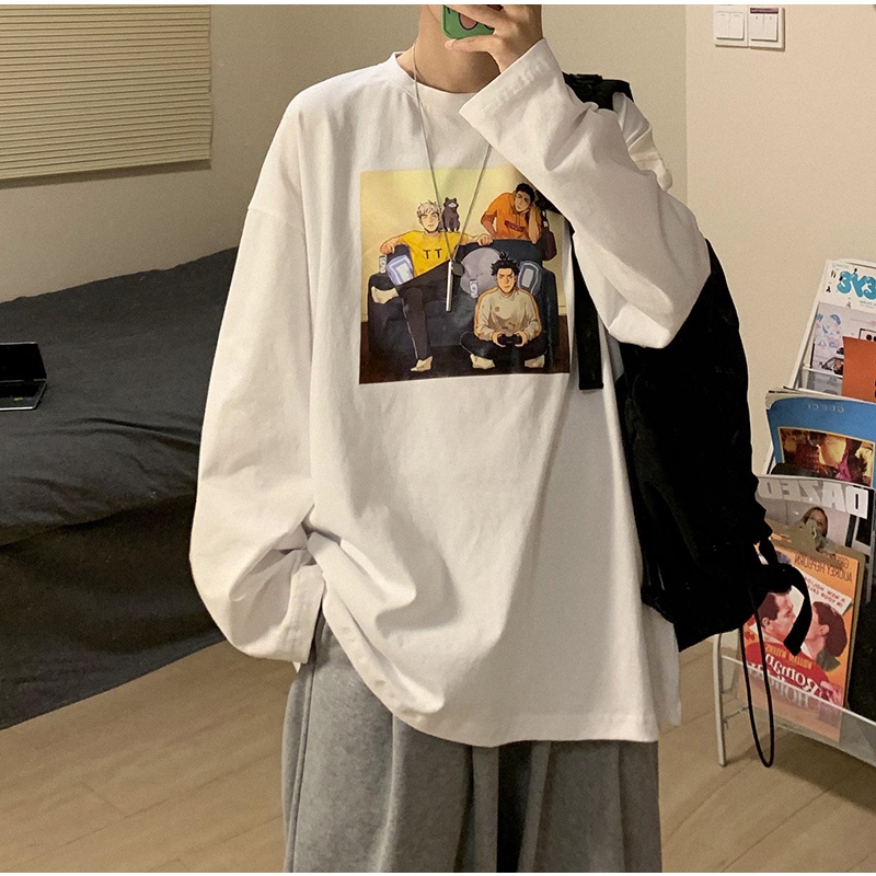 Áo thun tay dài dáng rộng in họa tiết hoạt hình phong cách Nhật Bản thời trang cho nam