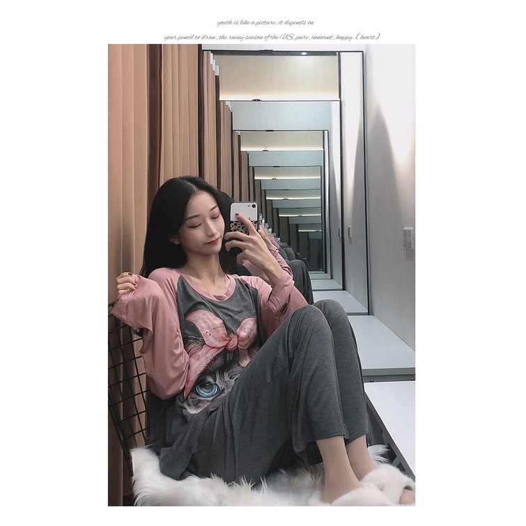 Bộ Đồ Ngủ Tay Ngắn + Quần Dài Màu Trơn In Hình Mèo Nhỏ Dễ Thương Cho Nữ