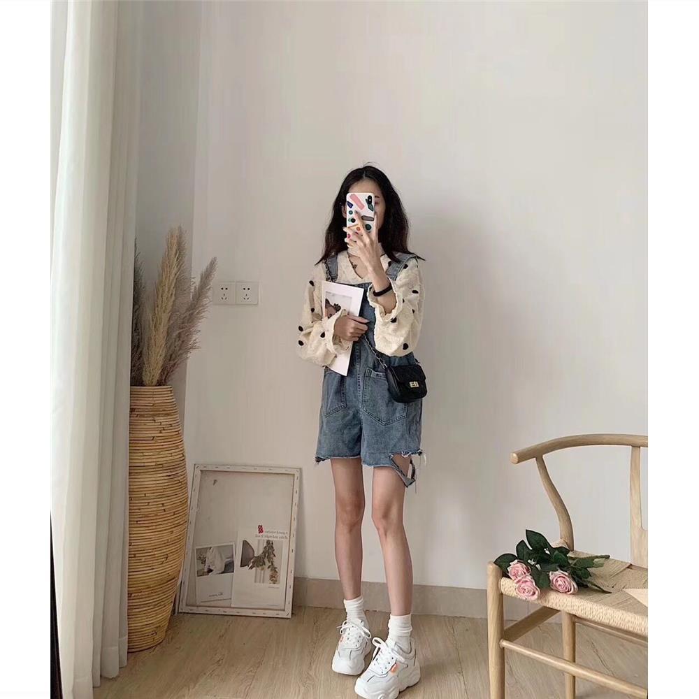 [LININ] Quần Yếm Jean Ngắn Ống Rộng Rách Lỗ Phong Cách Retro Hàn Quốc Bán Chạy