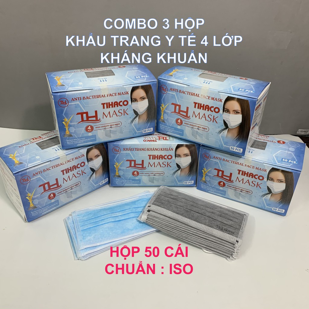 Combo 3 hộp khẩu trang y tế 4 lớp kháng khuẩn hộp 50 cái chuẩn ISO