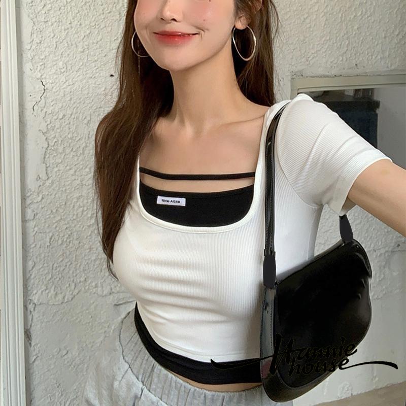 Áo thun tay ngắn cổ chữ U màu sắc trẻ trung cho nữ