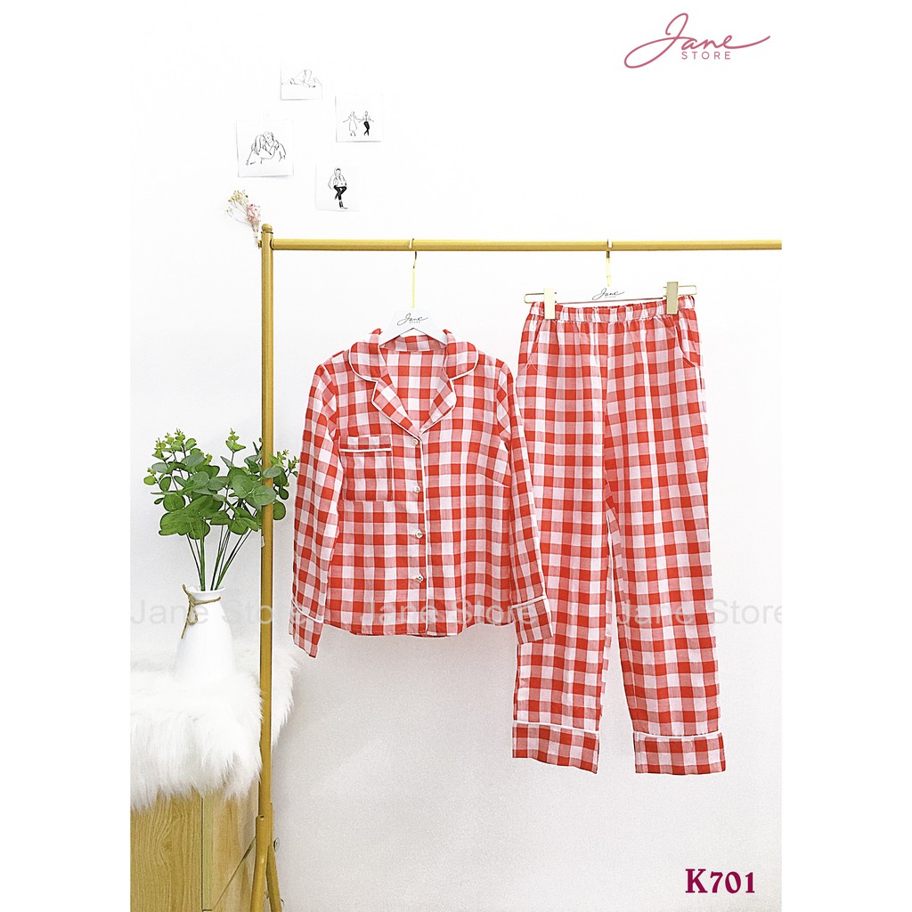 Bộ đồ Pijama kẻ caro bản to JANE chất liệu vải thô 4 màu K7