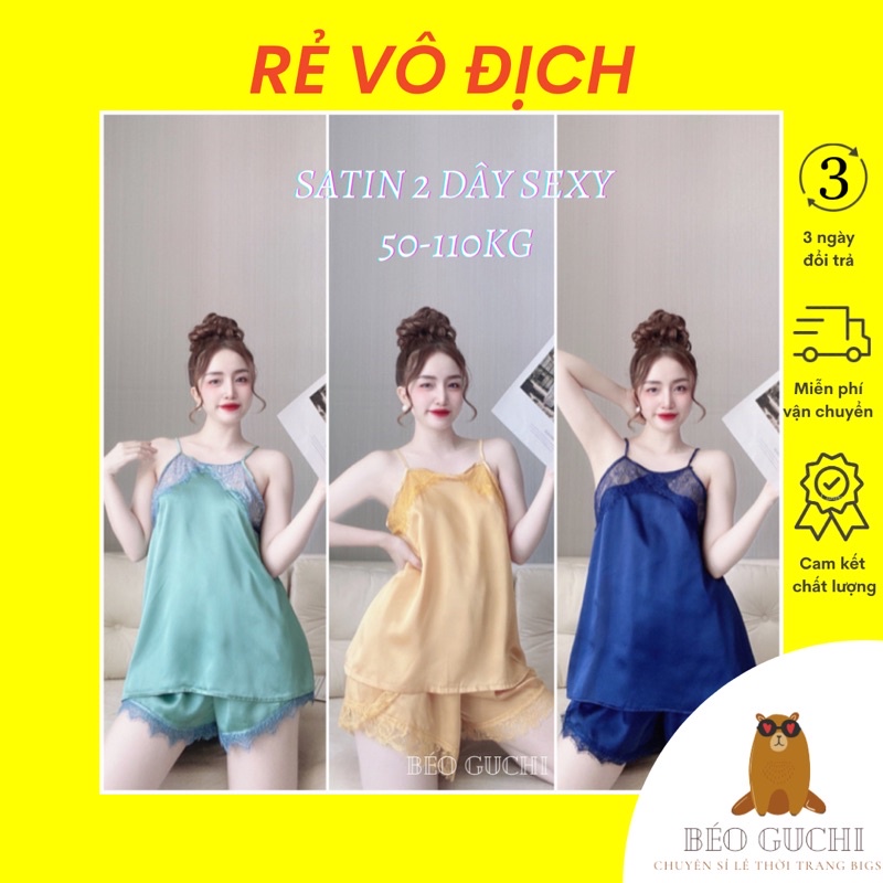 Đùi 2 dây 50-110kg K12DAY Béo Guchi Pijama Bigsize Lụa satin cao cấp - Đồ bộ nữ mặc nhà