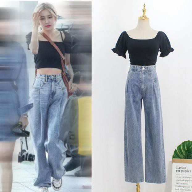 (Sẵn áo, quần S) Áo croptop tay ngắn bồng - Quần jeans ống thụng Rose BLACKPINK cạp cao kiểu trẻ bó eo tôn dáng  ྇