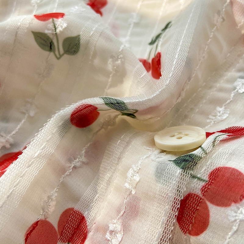 Áo sơ mi voan hoạ tiết cherry vintage | BigBuy360 - bigbuy360.vn