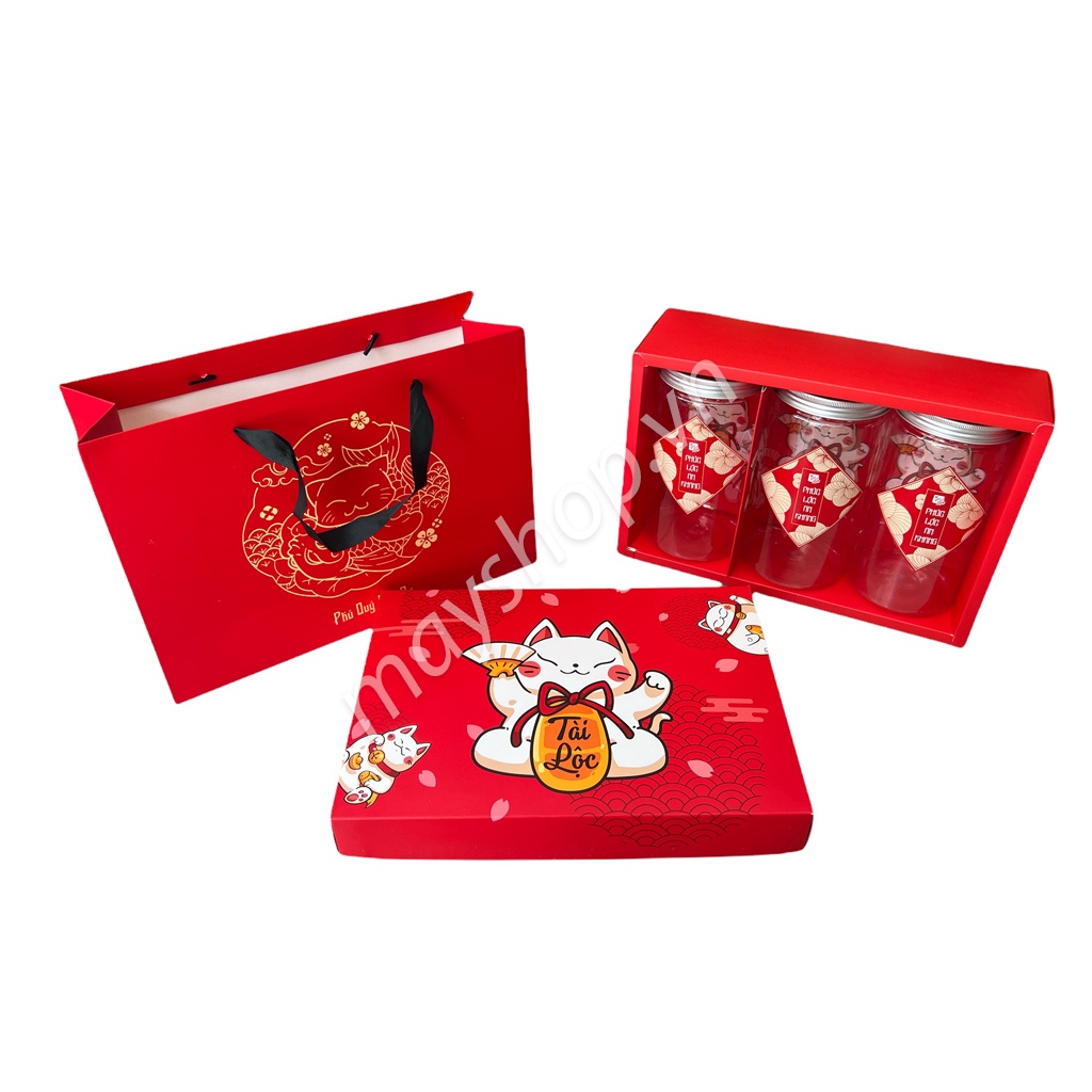 🌺Hộp tết🌺 Bộ túi, hộp đựng bánh MÈO thần tài đỏ/ Đựng vừa hũ nhựa nắp nhôm