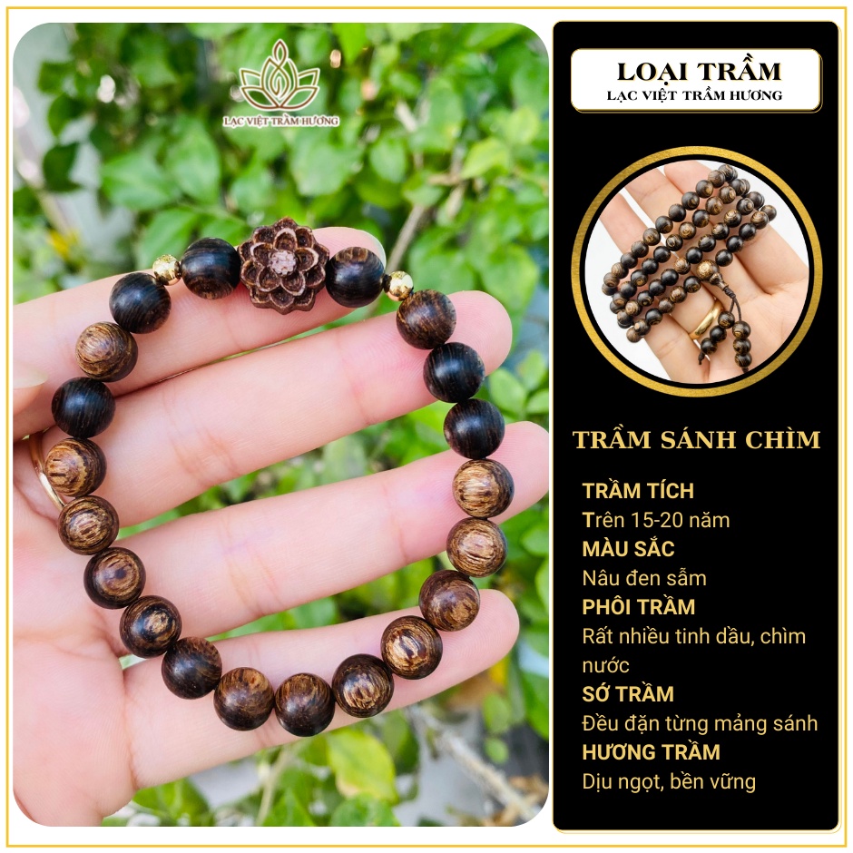 Vòng Tay Trầm Hương Hoa Sen Sánh Chìm 6/8mm cho Nữ - 100% hạt và hoa làm từ Trầm Sánh Chìm Tự Nhiên Cao Cấp Lạc Việt