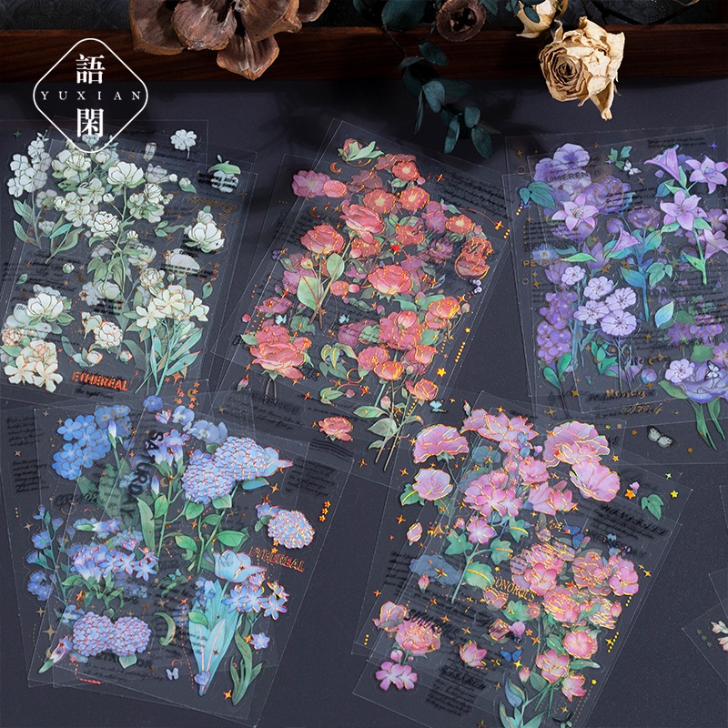 Bộ 4 Tấm Sticker PET Trong Suốt Họa Tiết Hoa Phong Cách Vintage Dùng Trang Trí Sổ Tay DIY