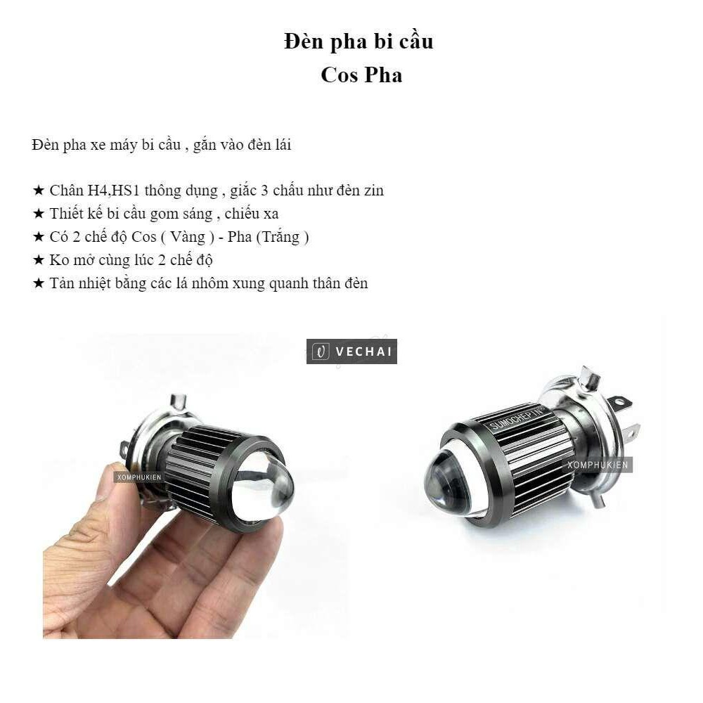 Pha led bi cầu 2 màu chân H4+M5 + XE ĐIỆN XE ZIP, XE SCR (cos vàng pha trắng)