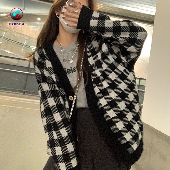 Áo khoác cardigan nữ form rộng họa tiết kẻ caro đen trắng chất len dày dặn hàng đẹp - A149