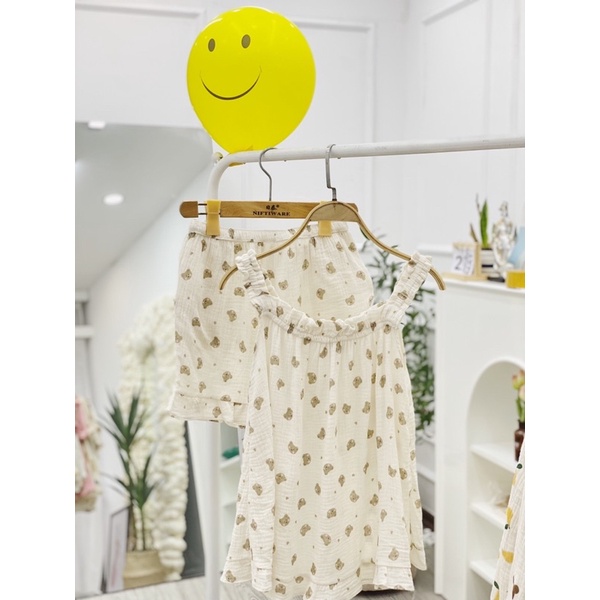 Bộ pijama hai dây va xô muslin hoạ tiết dễ thương cute đồ ngủ cho các nàng